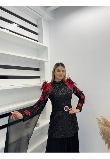 Pulpayetli Omuz Çicek Detaylı Etekli Takım 