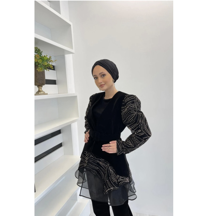 Organze Detaylı Kadife İkili Takım