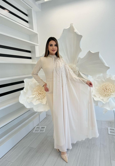 Şifon Detaylı Taşlı Elbise 
