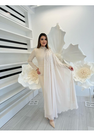 Şifon Detaylı Taşlı Elbise 