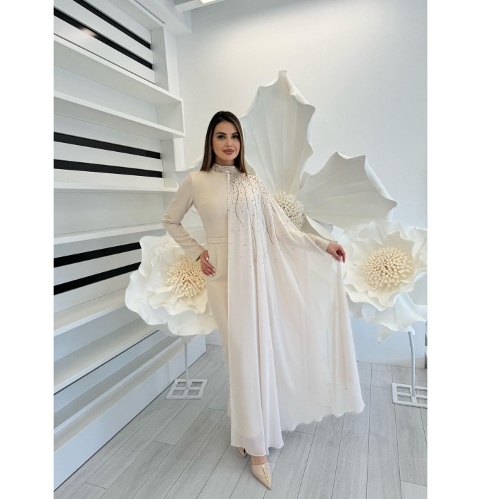 Şifon Detaylı Taşlı Elbise